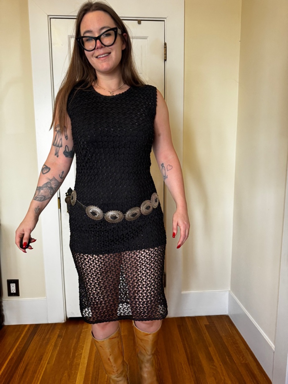 90s Vintage Beaded Crochet Dress Sz M - Picture 2 of 10
